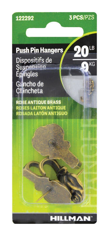 Hillman AnchorWire Antique Brass Push Pin Picture Hook 20 lb 3 pk 2 Hillman AnchorWire Antique Brass Push Pin Picture Hook 20 lb 3 pk - Image 2