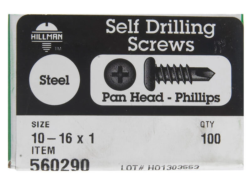 Hillman No. 10-16 X 1 in. L Phillips Pan Head Self- Drilling Screws 100 pk 1 Hillman No. 10-16 X 1 in. L Phillips Pan Head Self- Drilling Screws 100 pk