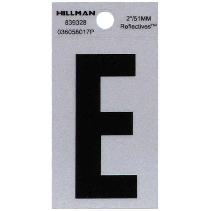 Hillman 2 in. Reflective Black Vinyl Self-Adhesive Letter E 1 pc 1 Hillman 2 in. Reflective Black Vinyl Self-Adhesive Letter E 1 pc