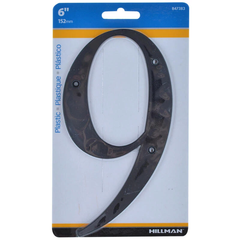 Hillman 6 in. Black Plastic Nail-On Number 9 1 pc 1 Hillman 6 in. Black Plastic Nail-On Number 9 1 pc