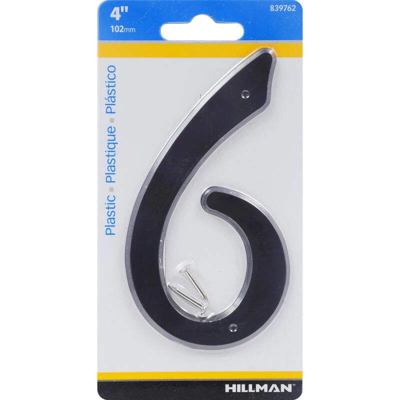 Hillman 4 in. Black Plastic Nail-On Number 6 1 pc 1 Hillman 4 in. Black Plastic Nail-On Number 6 1 pc