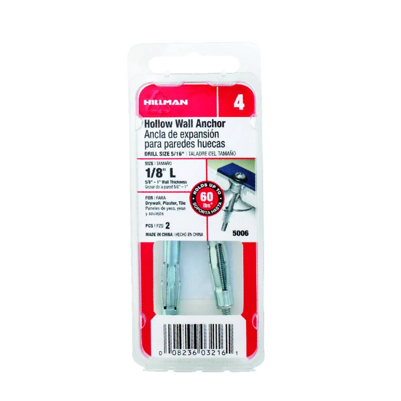 Hillman 1/8 in. D X 12 in. L Metal Round Head Hollow Wall Anchors 2 pk 1 Hillman 1/8 in. D X 12 in. L Metal Round Head Hollow Wall Anchors 2 pk