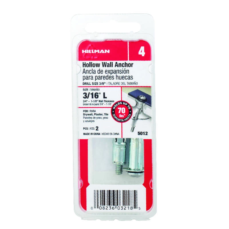 Hillman 3/16 in. D X 2 3/4 in. L Metal Round Head Hollow Wall Anchors 2 pk 1 Hillman 3/16 in. D X 2 3/4 in. L Metal Round Head Hollow Wall Anchors 2 pk