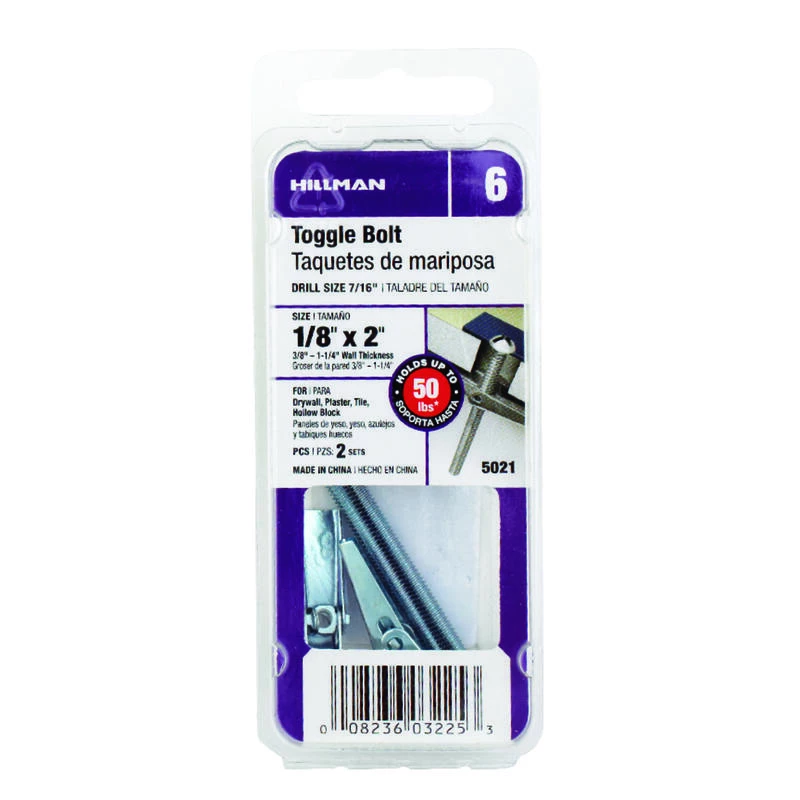 Hillman 1/8 in. D X 2 in. L Round Steel Toggle Bolt 2 pk 1 Hillman 1/8 in. D X 2 in. L Round Steel Toggle Bolt 2 pk