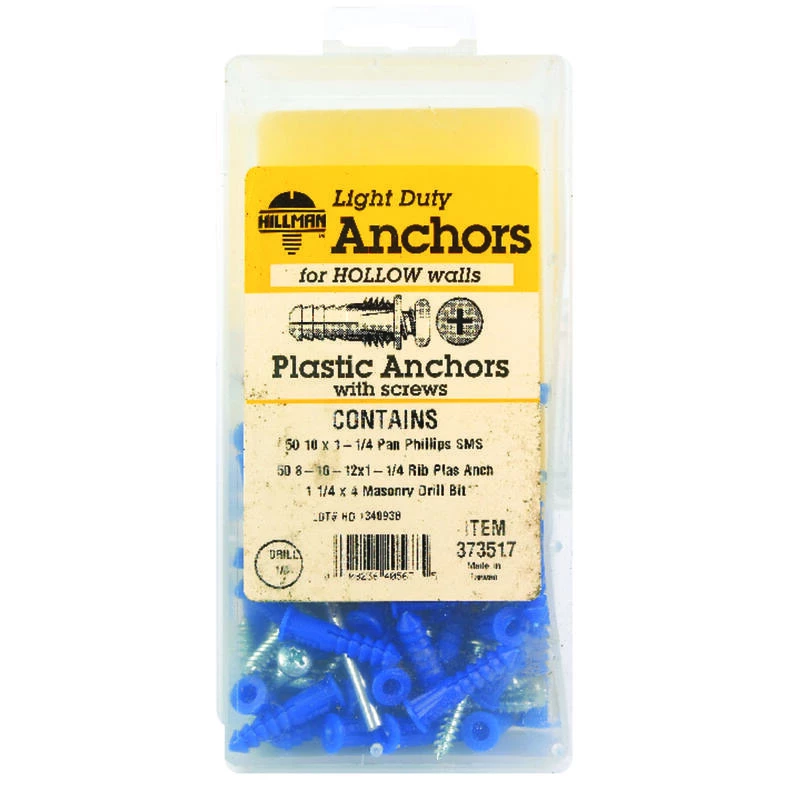 Hillman 0.164 in. D X 1-1/4 in. L Plastic Pan Head Ribbed Anchor Kit 101 pk 1 Hillman 0.164 in. D X 1-1/4 in. L Plastic Pan Head Ribbed Anchor Kit 101 pk