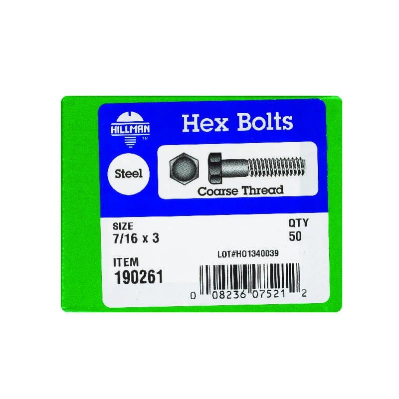 Hillman 7/16 in. D X 3 in. L Zinc Plated Steel Hex Bolt 50 pk 2 Hillman 7/16 in. D X 3 in. L Zinc Plated Steel Hex Bolt 50 pk - Image 2