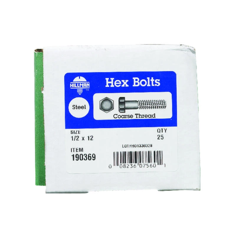 Hillman 1/2 in. D X 12 in. L Zinc Plated Steel Hex Bolt 25 pk 2 Hillman 1/2 in. D X 12 in. L Zinc Plated Steel Hex Bolt 25 pk - Image 2