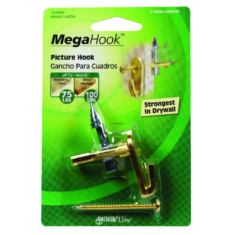 Hillman MegaHook Brass-Plated Gold Heavy Duty Picture Hook 100 lb 1 pk 2 Hillman MegaHook Brass-Plated Gold Heavy Duty Picture Hook 100 lb 1 pk - Image 2