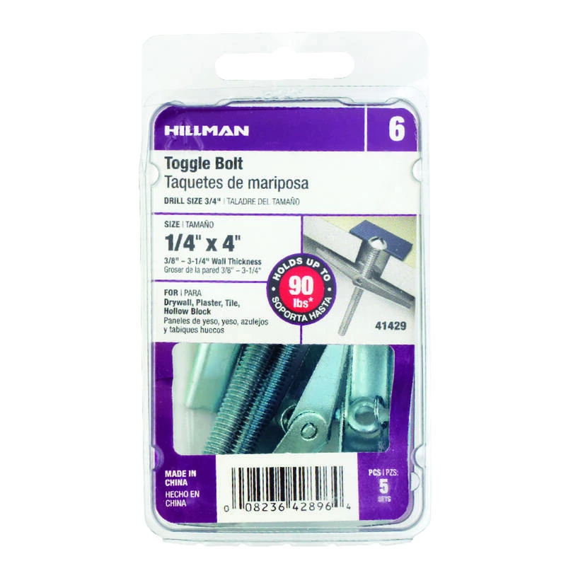 Hillman 1/4 in. D X 4 in. L Round Steel Toggle Bolt 5 pk 2 Hillman 1/4 in. D X 4 in. L Round Steel Toggle Bolt 5 pk - Image 2