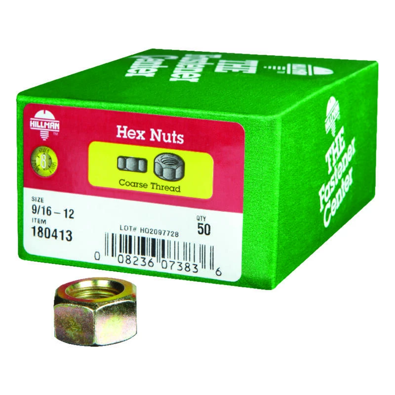Hillman 9/16 in. Zinc Dichromate Steel USS Hex Nut 50 pk 1 Hillman 9/16 in. Zinc Dichromate Steel USS Hex Nut 50 pk
