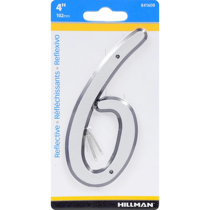 Hillman 4 in. Reflective Silver Plastic Nail-On Number 6 1 pc 1 Hillman 4 in. Reflective Silver Plastic Nail-On Number 6 1 pc