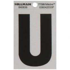 Hillman 3 in. Reflective Black Vinyl Self-Adhesive Letter U 1 pc